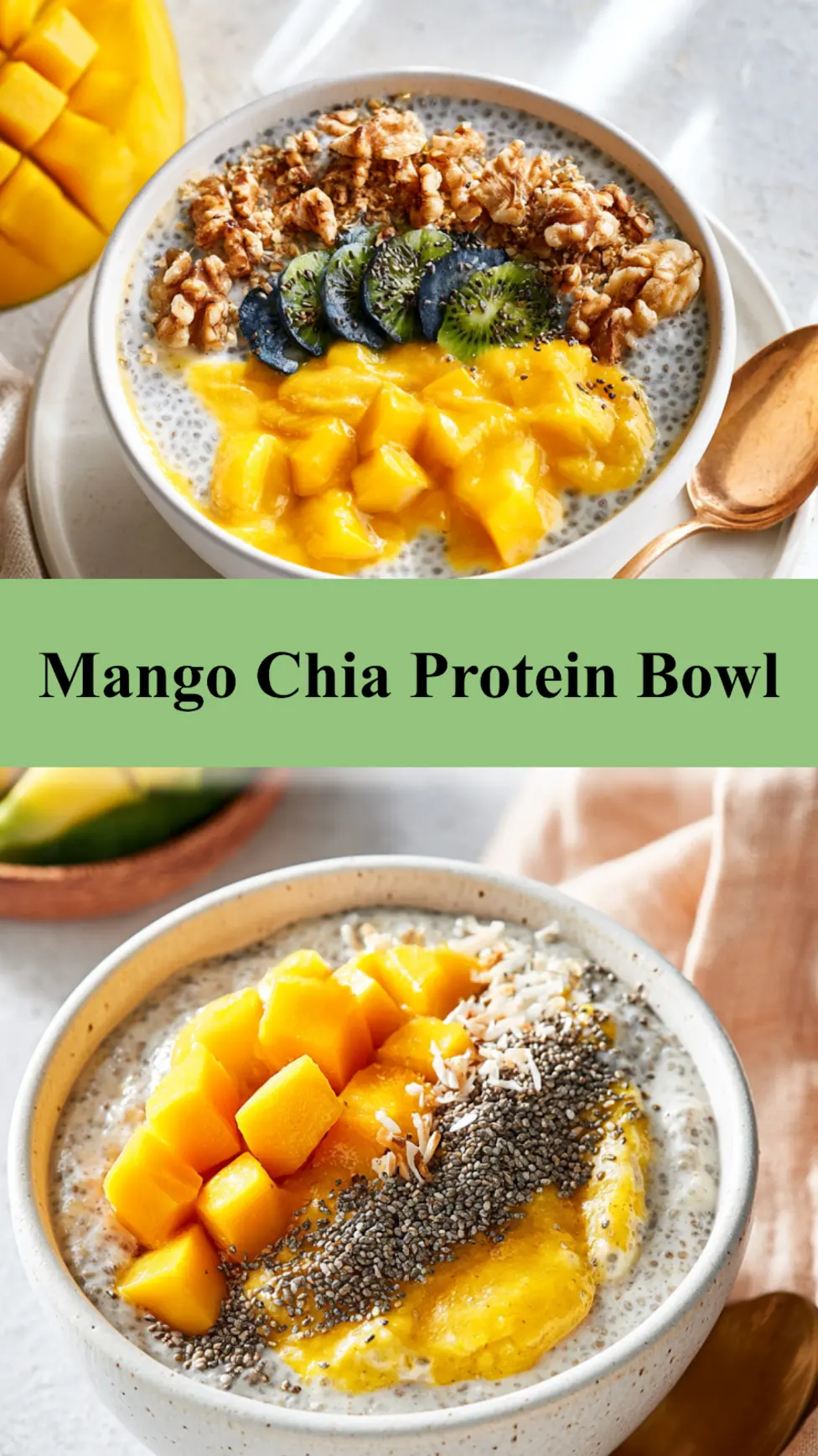 Mango Chia Protein Bowl recipe pin  easy homemade dish served and ready to eat