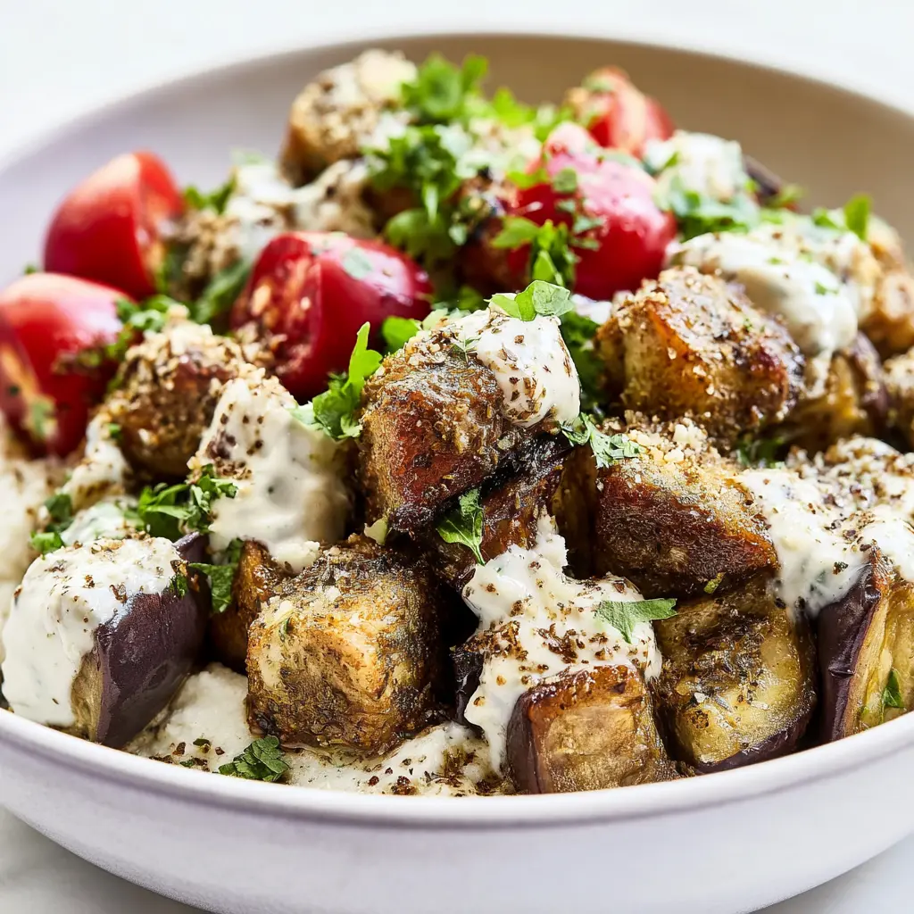 Za'atar Chicken Roasted Eggplant Bowl served and ready to eat, easy homemade dish