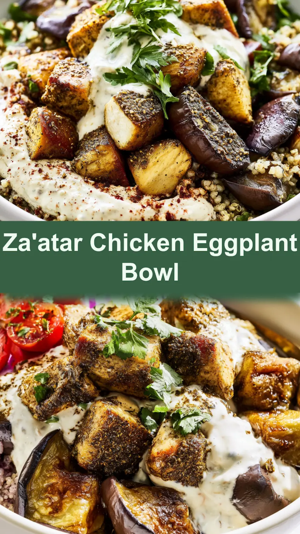 Za'atar Chicken Roasted Eggplant Bowl served and ready to eat, easy homemade dish